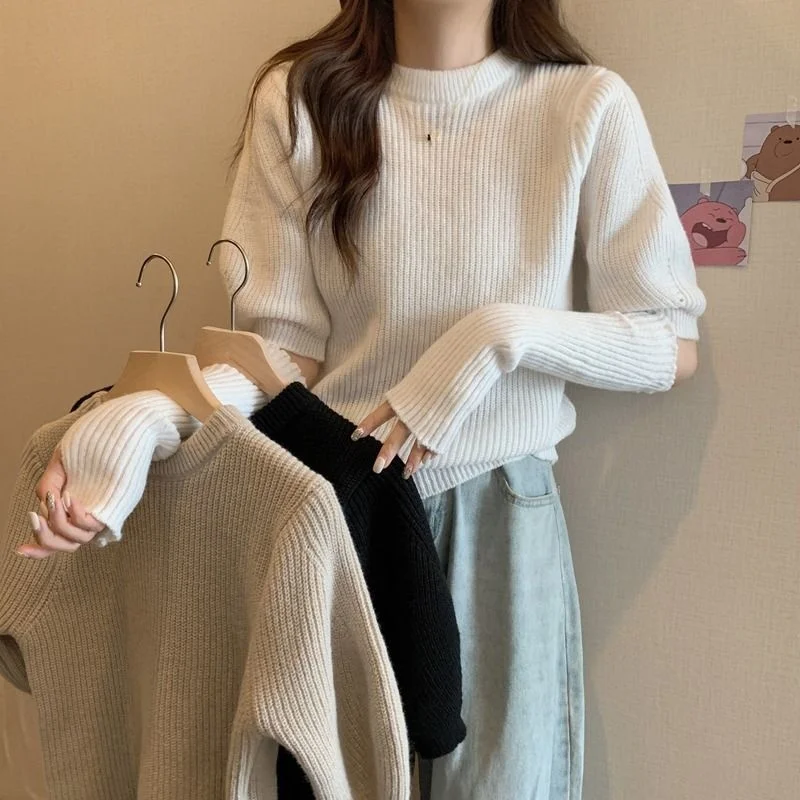 

Detachable Sleeve Knitted Sweater Women Pullovers Oversize Fall Scalloped Edge Open-Front Bat British Style College Leisurewear