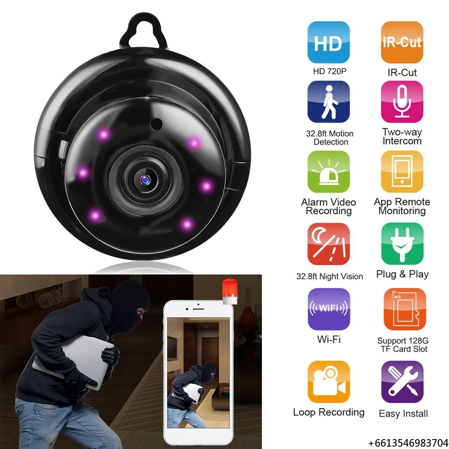 Smart Home Security Camera 720P WiFi IP with Night Vision Motion Detection Two-Way Talk and Loop Recording Network Camera