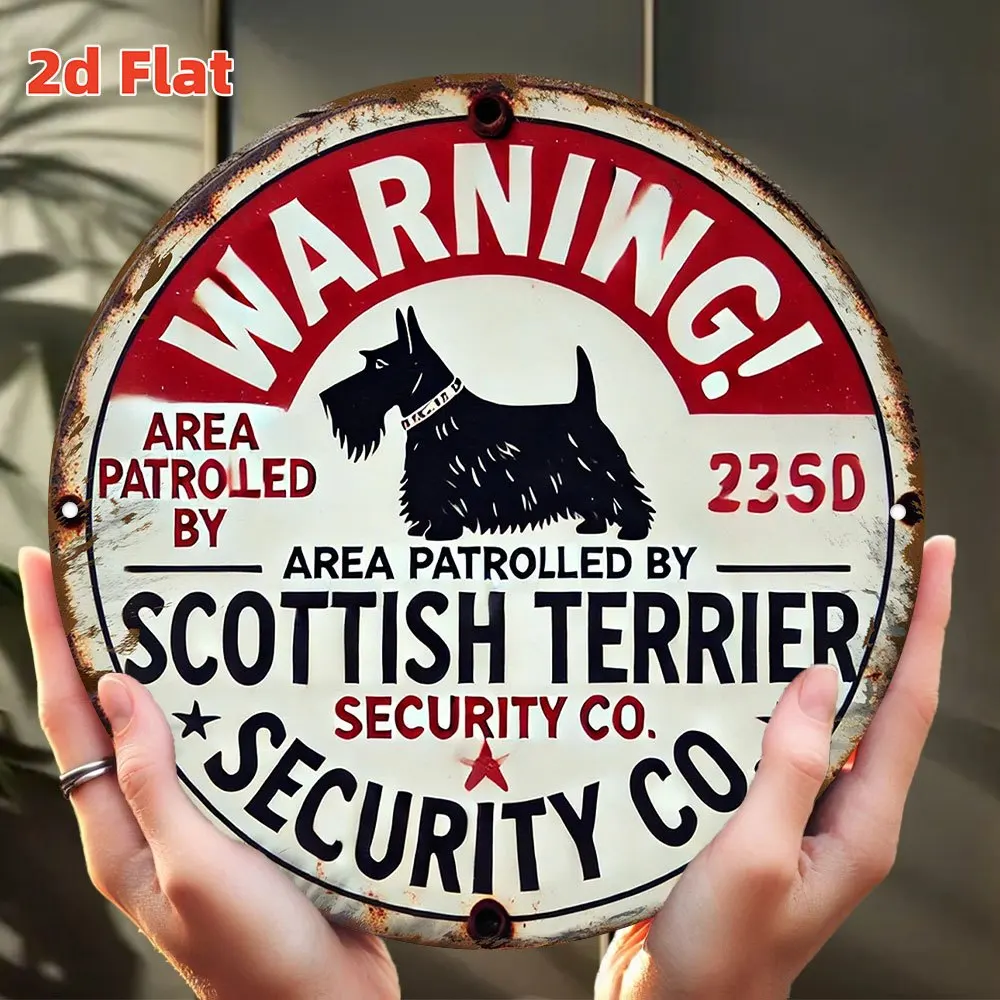 [Vintage Scottish Terrier Sign] Vintage Humorous 2D Flat Scottish Terrier Security Co. Metal Wall Art - 7.8 Inch Round Aluminum