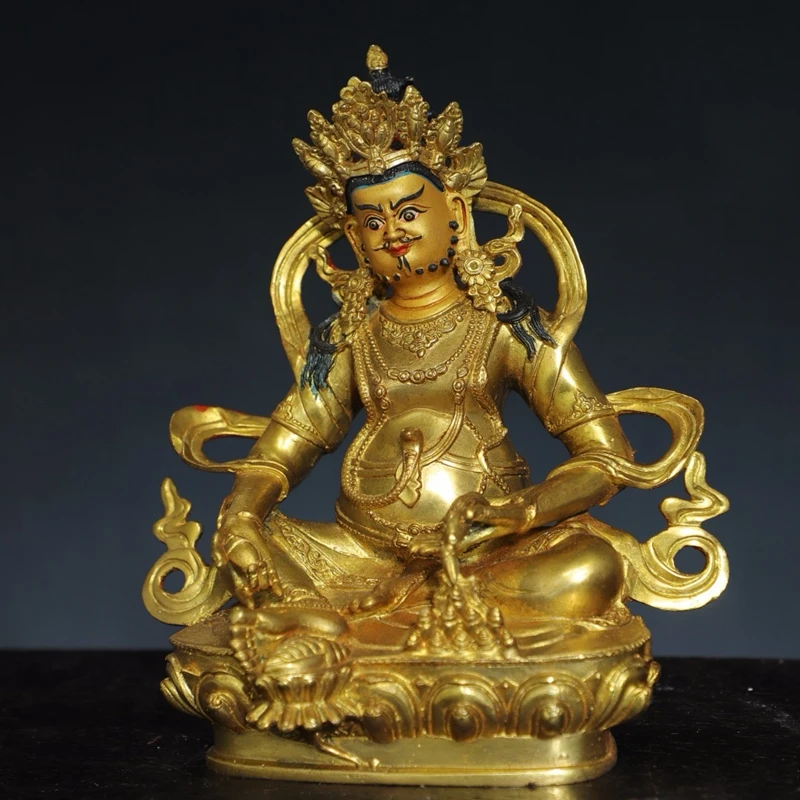 Antique Collection Nepalese Pure Copper Gilt Painting Tibetan Biography Buddha Yellow God of Wealth Bronze Statue Home Tabletop