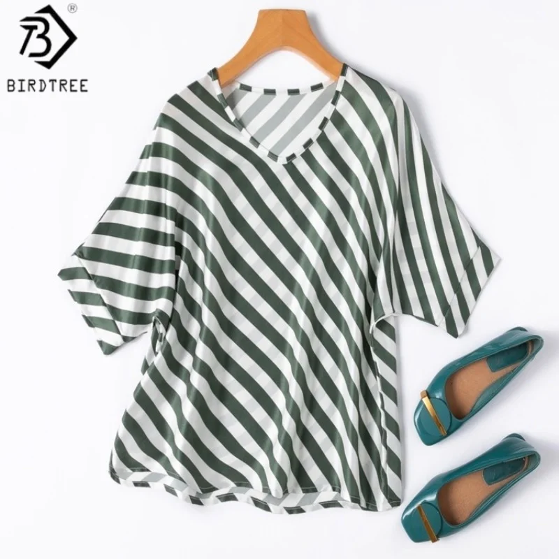 

Birdtree 20 мм 100% шелковая футболка в зеленую полоску, женская однотонная атласная свободная рубашка с v-образным вырезом и рукавами «летучая мышь», новинка 2025 года T57413JF