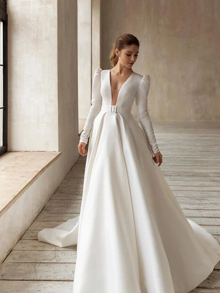 

Classic Elegant Wedding Dresses A-Line Satin Bridal Gowns V-Neck Long Sleeves Robes For Formal Party 2024 Vestidos De Novia 2023