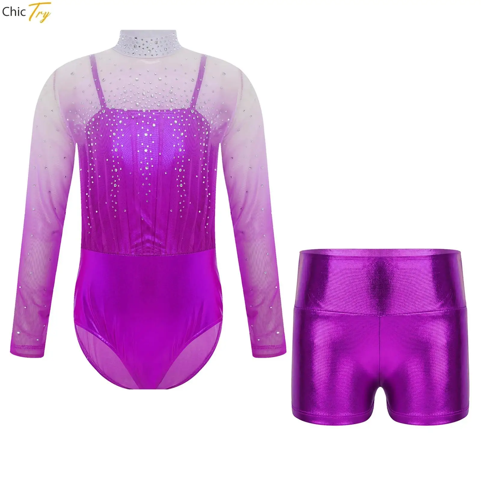 Costume de danse de gymnastique artistique pour enfants filles, Ballet à manches longues avec strass, corsage superposé en maille transparente, justaucorps avec short métallique
