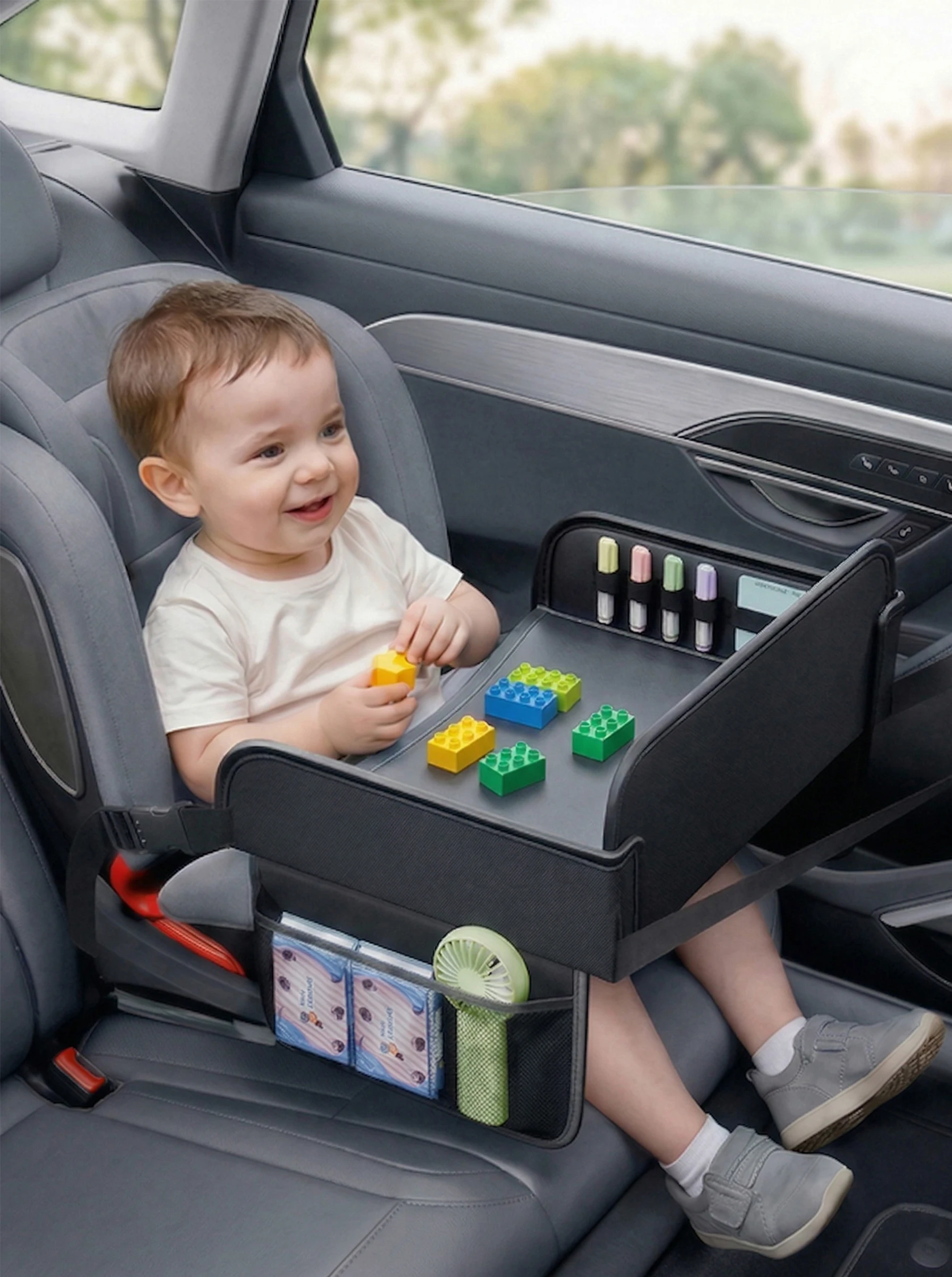 Child Car Dining Drawing Table Leather Universa Safety Seat Tray Backseat Children Table Tool Toys Phone Storage Pocket Lap Desk