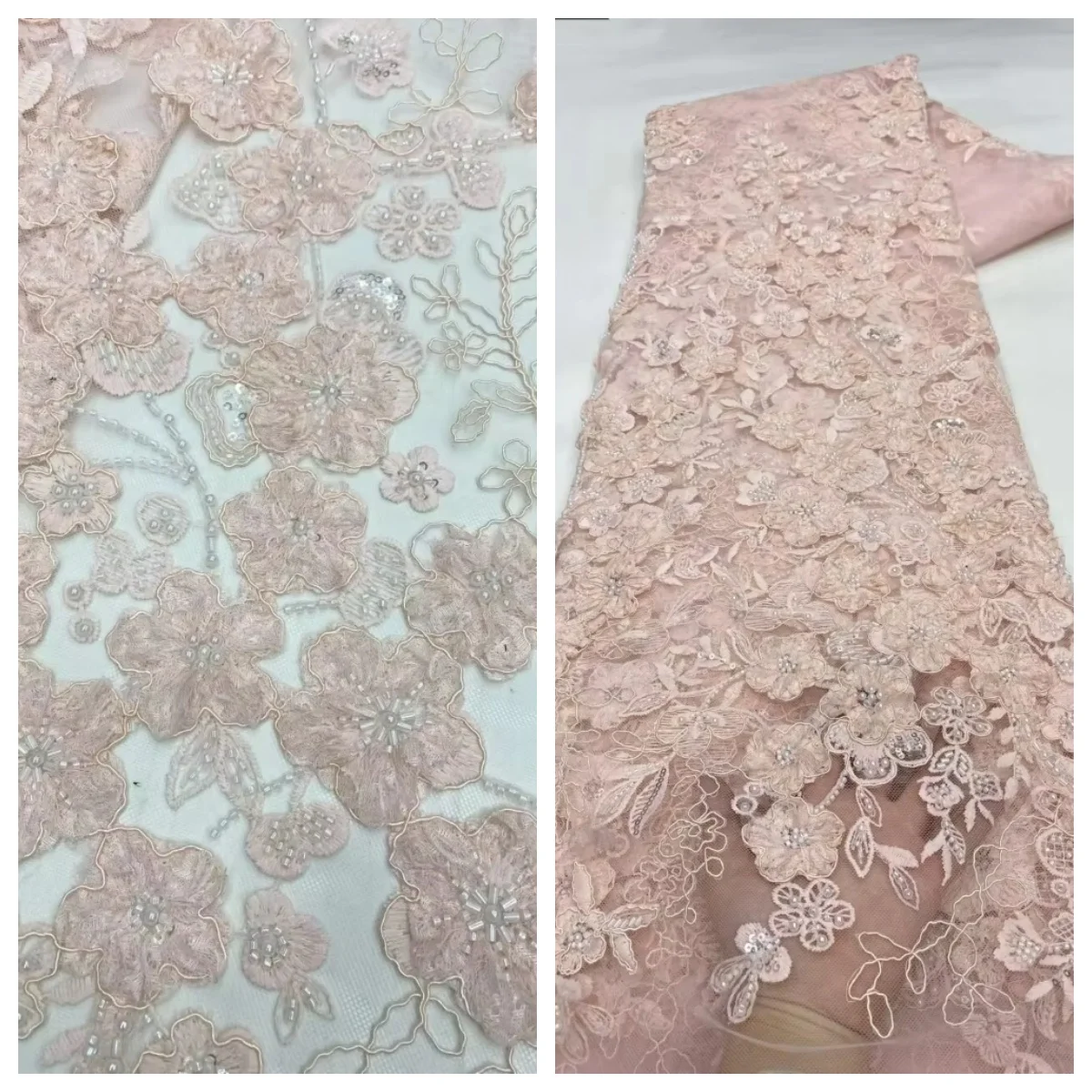 

Elegant African Sequin Tulle Embroidered Lace Fabric French Beaded Lace Fabric Nigerian Bridal Wedding Dress Material