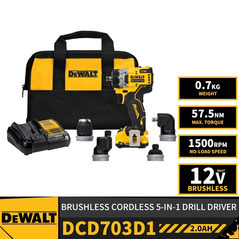 DEWALT DCD703D1 Brushless Cordless Compact 5-in-1 Drill Driver Electric Screwdriver 12V Lithium Power Tools With Battery Charger