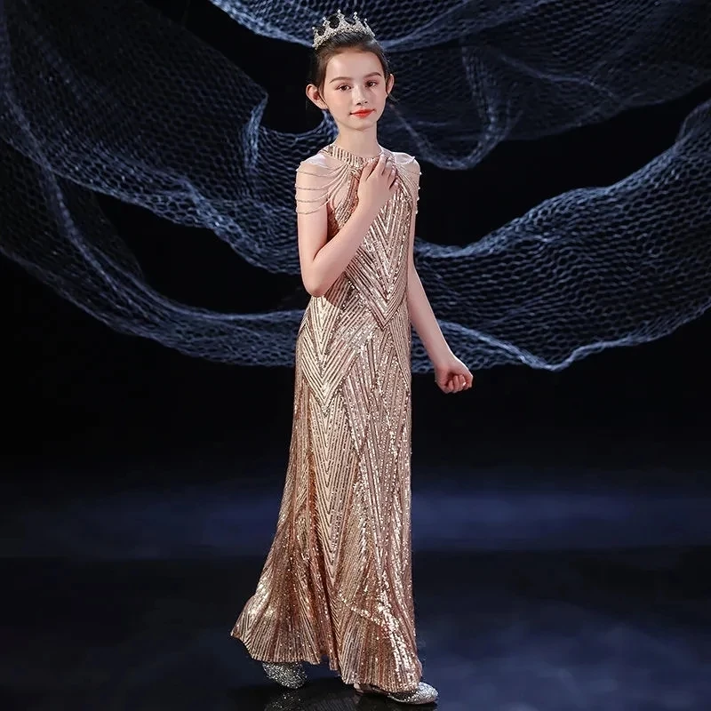 新しい子供の花嫁介添人ドレスティーンロングマーメイドページェントドレスイブニングガールズスパンコール光沢のあるボールガウン卒業パーティードレス