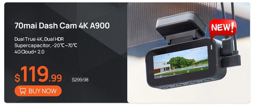 70mai Dash Cam A810 Lite 4K HDR + 1080P, Supercapacitor 4G LTE Remote Control Wi-Fi 6 GPS Voice Control Car DVR 70mai A810 Lite