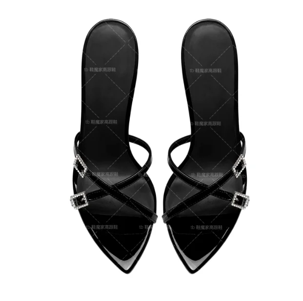 

New pointed toe rhinestone 12cm high heels for women, super high heels sandals, slim heels, niche, half drag, plus size