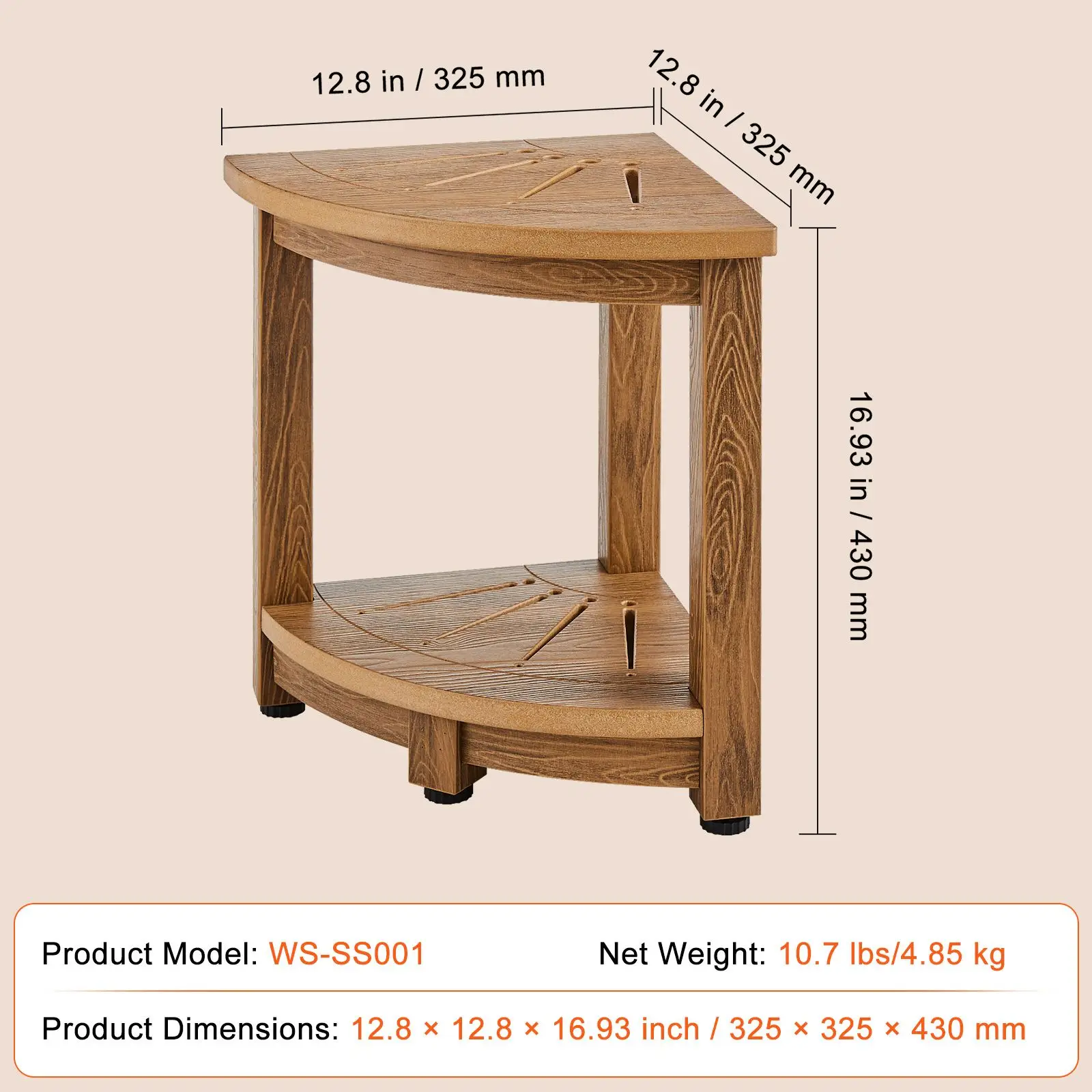Corner Shower Bench, 16.5" Height 12.8" Radius, Faux Wood Grain Polystyrene, 350 LBS with Storage Shelf, Water Resistant, Shower Stool for Inside & Outside Shower, for Bathroom, Living Room