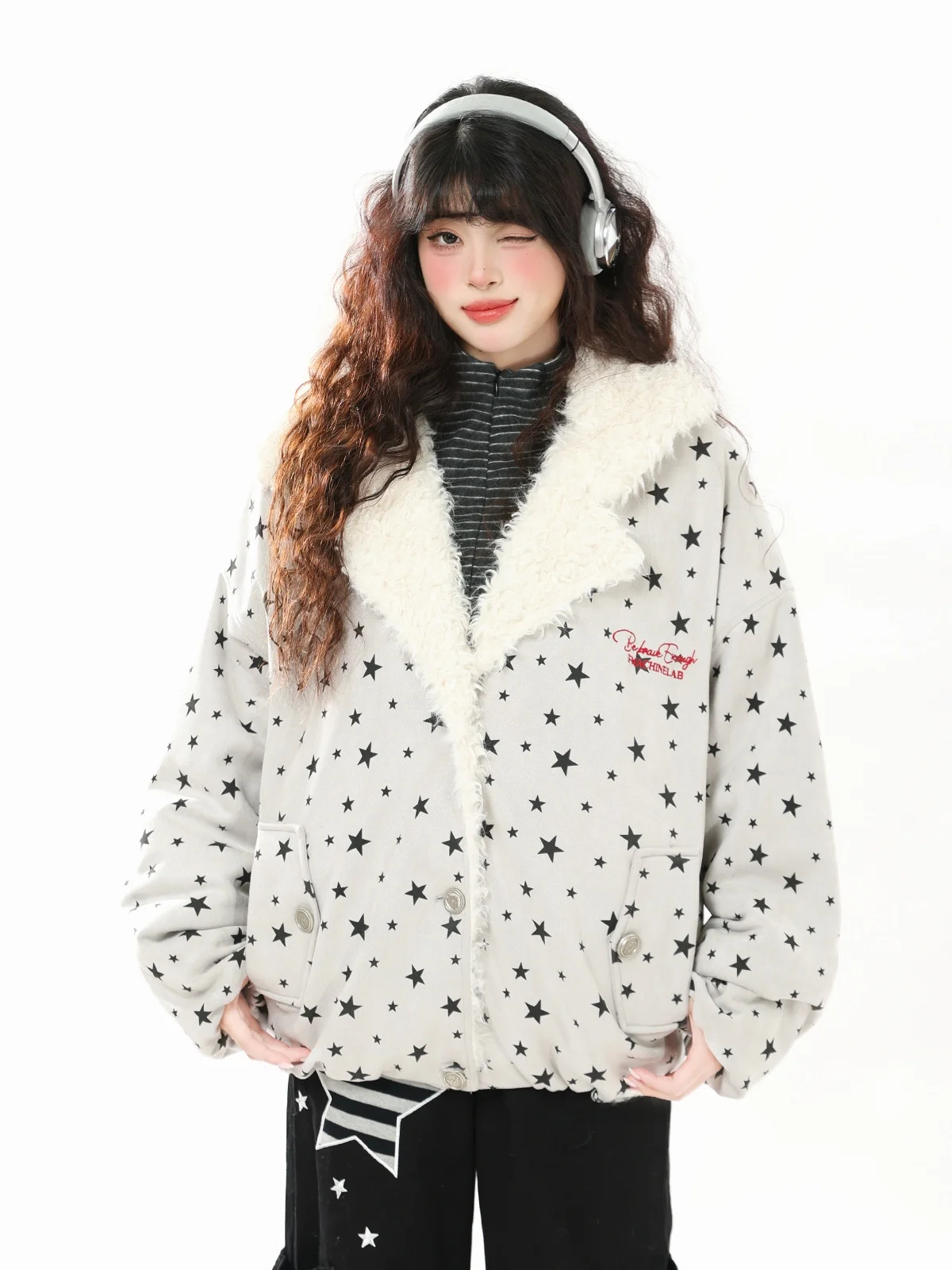 

ENJOG American Sle Thiened Lamb Velvet Collar Loose Women's Cotton Jaet Winter Warm Outerwear for Couples