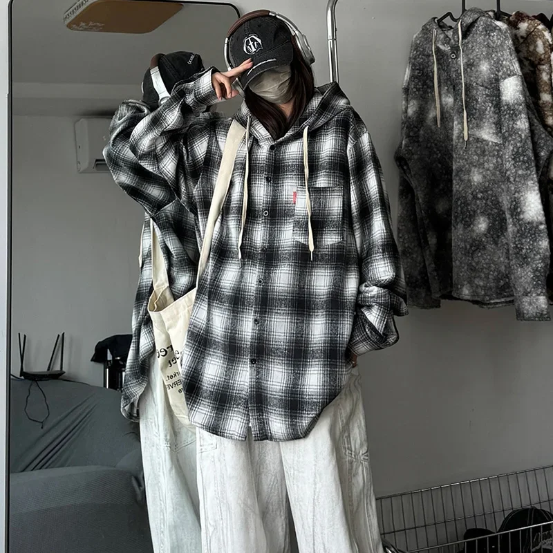 Plus Size Hip Hop Unisex Hooded Shirts Jacket Streetwear Long Sleeve Plaid Woolen Men Hoodie Autumn Winter Thicken Mens Clothing