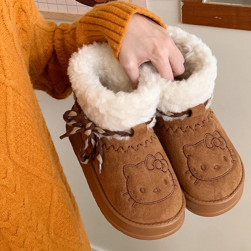 Sanrio Hello Kitty Snow Boots Winter Girl Plush Snow Booties Keep Warm Slippers Shoes Non-Slip Sneaker Outdoor Warmth Snow Boot