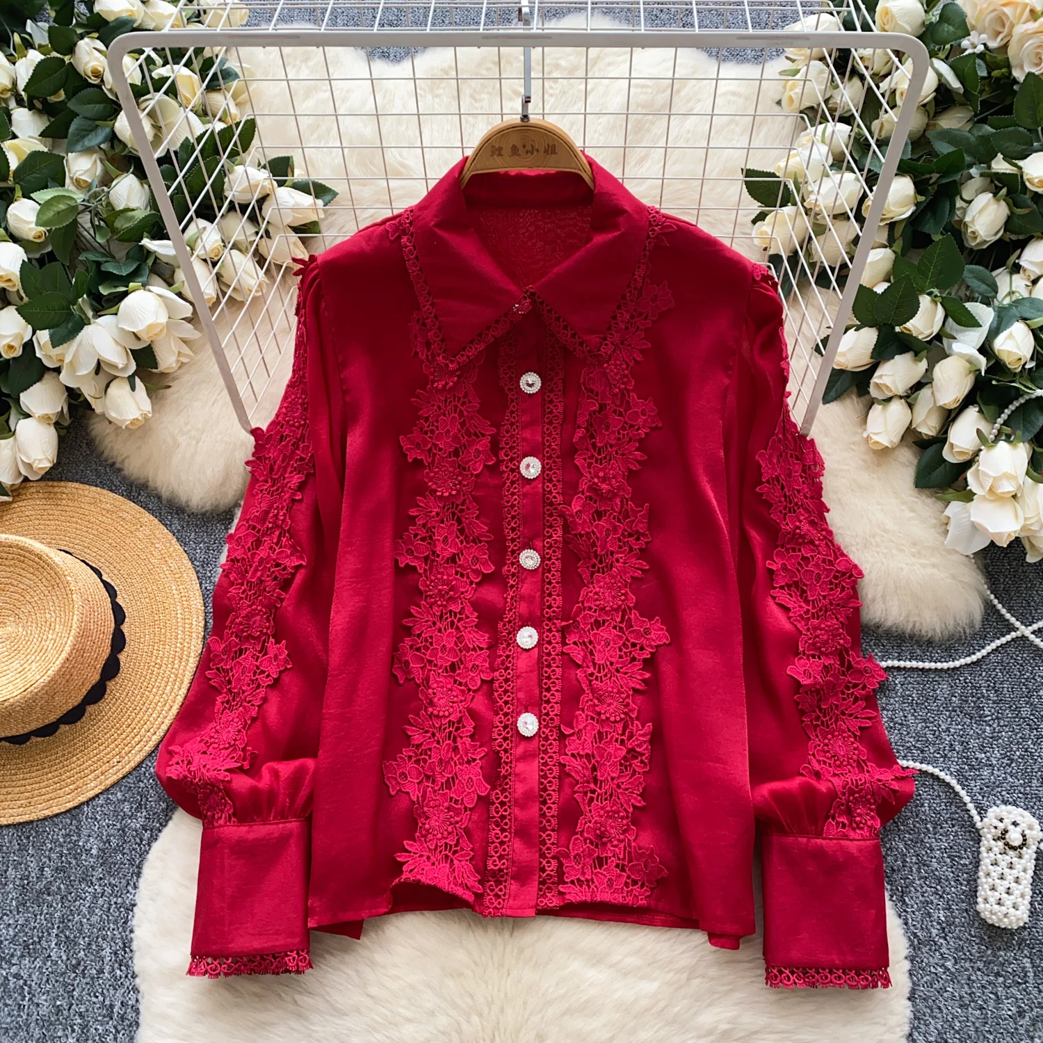 

Palace Style Long Sleeved Turn-down Collar Shirt for Women Summer Mesh Embroidery Design Elegant Top