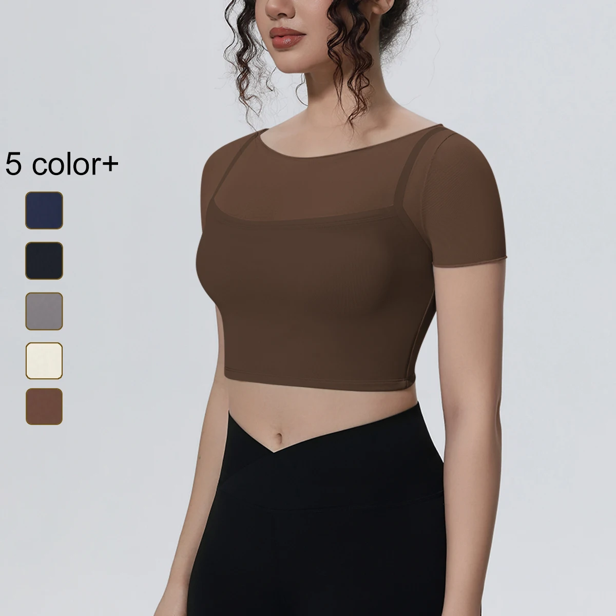 Hot Sales Solid Color False Two-piece Mesh Yoga T-Shirt Running Shirts Solid Color Gym Slim Casual Workout Top with Chest Pad