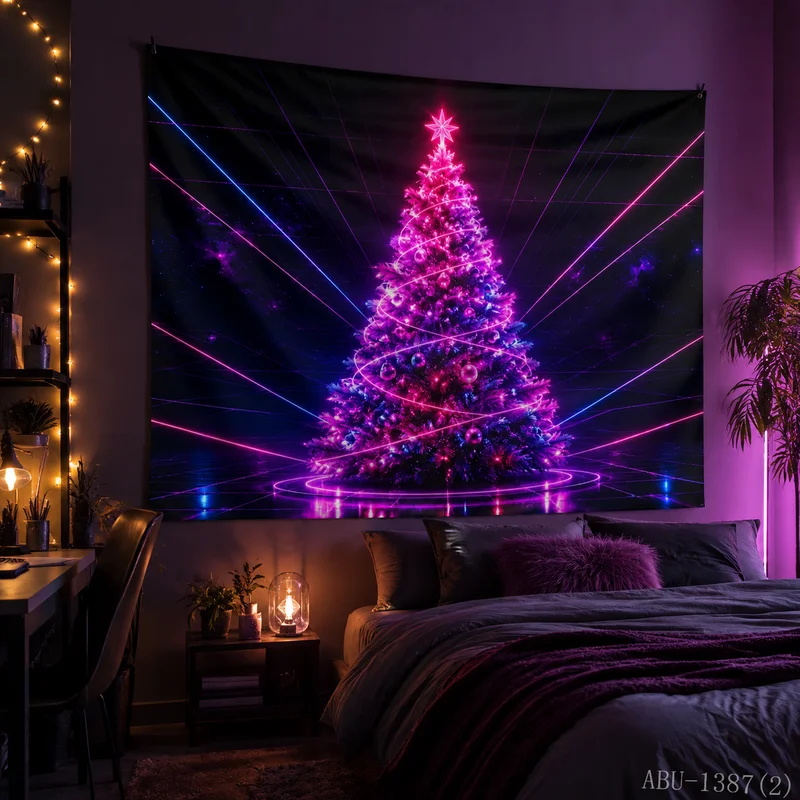 VIKAMA Cyber Mirror Neon Christmas Tree Gift Box Starry Sky Christmas Tapestry Background Hanging Cloth Living Room Decoration