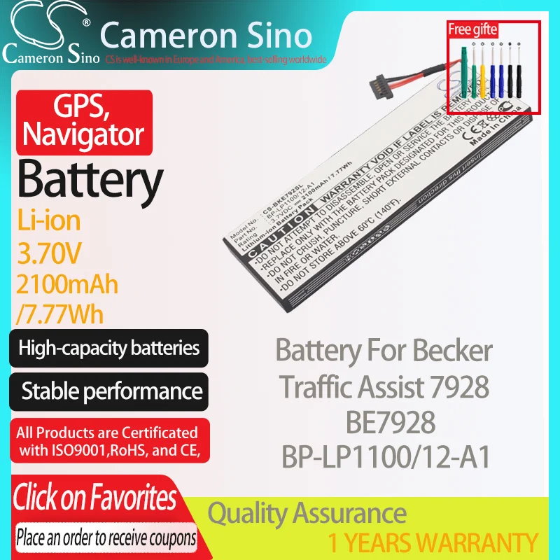 CameronSino Battery for Becker Traffic Assist 7928 BE7928 fits Becker BP-LP1100/12-A1 GPS, Navigator battery 2100mAh 3.70V Black