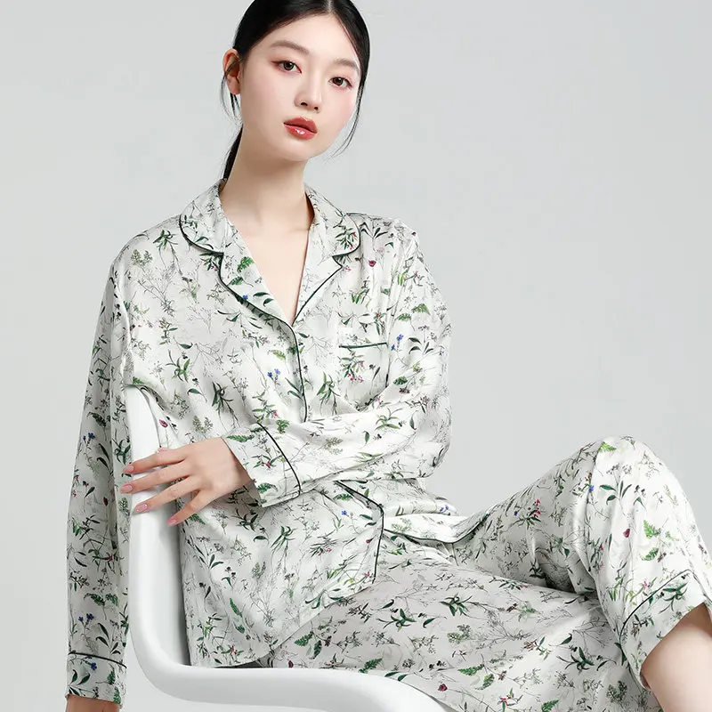 100% Natural Mulberry Silk Women's Pajamas Set Luxury Satin Long Sleeve Sleepwear Leisure Home Clothes Nightwear Comfortable P