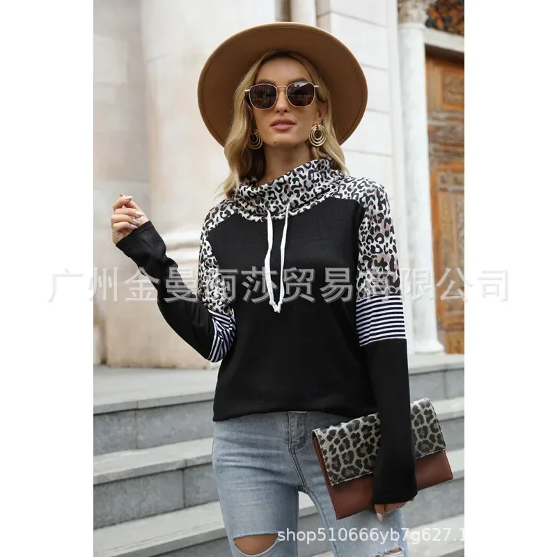 Autumn and Winter New Leopard Color Matching High-necked Long-sleeved Sweater T-shirt Women’s Printing New Fashion Street Style