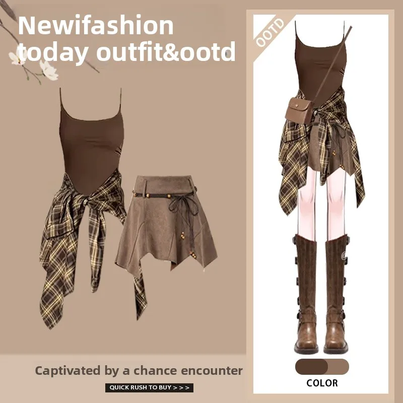 

Casual Travel Leisure Plaid Sun Protection irt Strap Vest ort Skirt Tee Piece Set Women's Faion Ensemble Summer Polye...