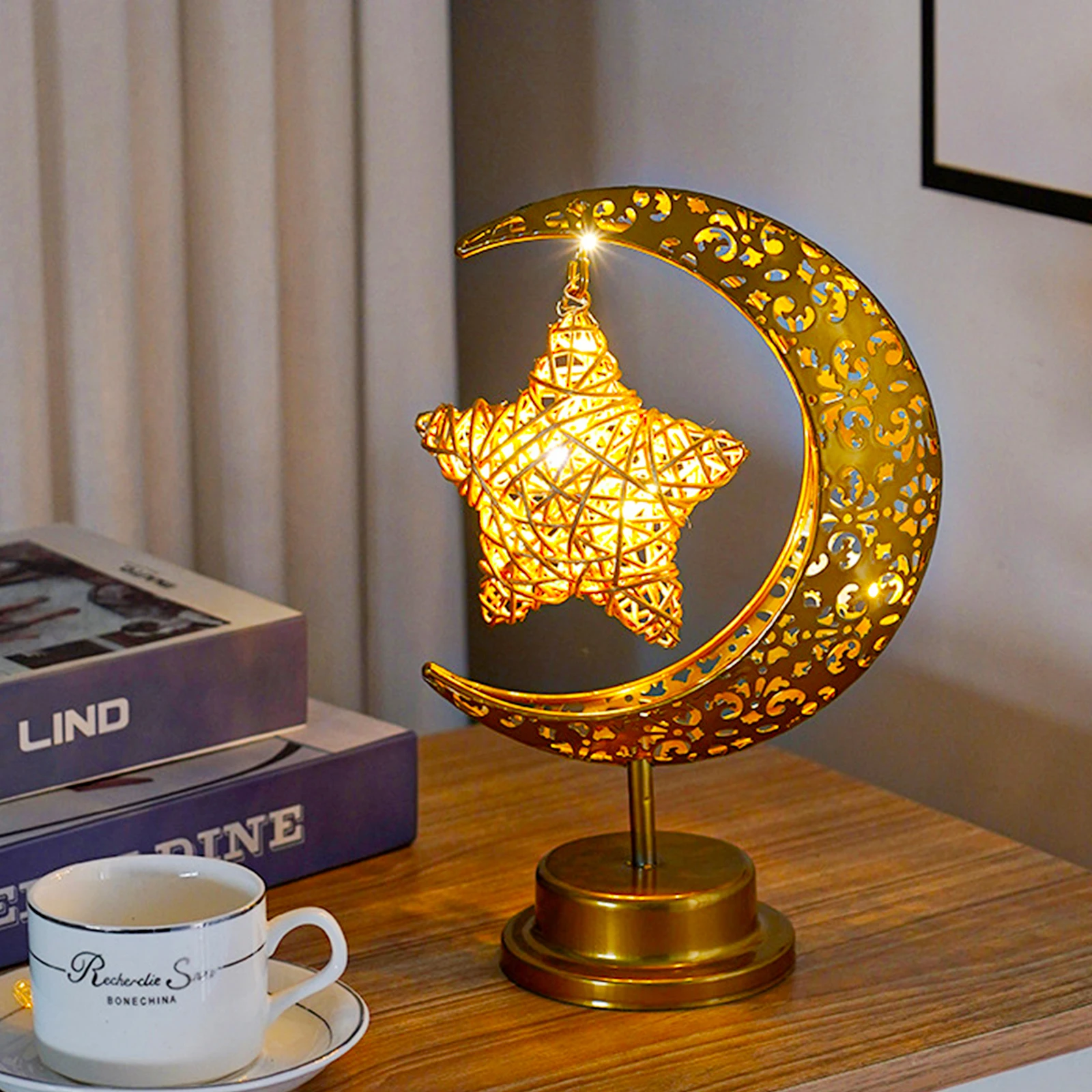 

Ramadan Crescent Moon Table Lamp Metal Gold Battery Operated Ramadan Star Lamp Retro Lunar Decorative for Bedside Nightstand