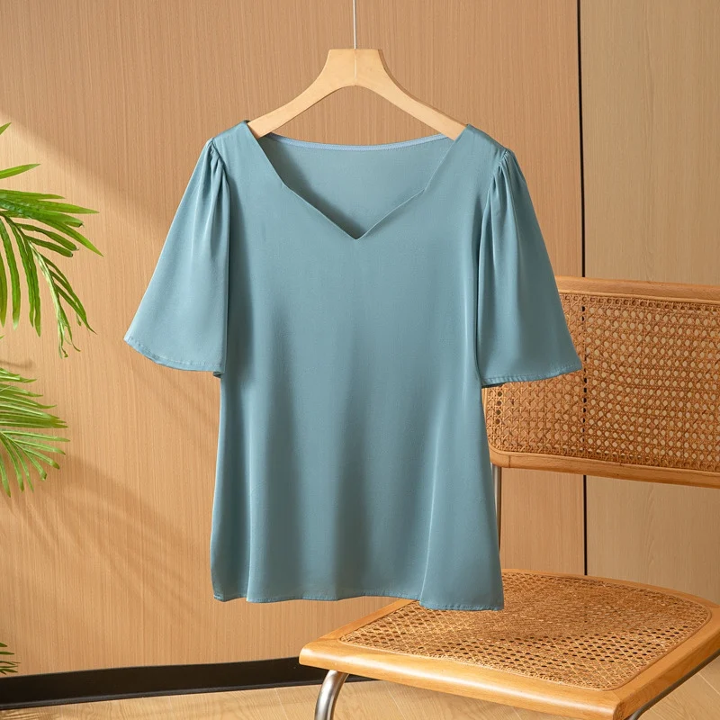 

94% Mulberry Silk 7% Spandex Women Shirt Deep V-neck Short Sleeve Gray Blue Color Top T-shirt Blouse QQ041