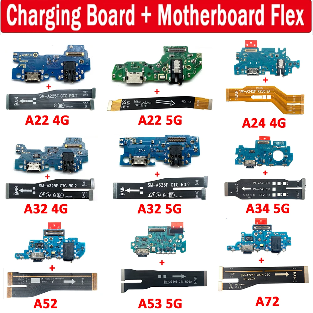 NEW Tested USB Charging Port Board Connector Parts + Main Motherboard Flex Cable For Samsung A22 A24 A32 4G A33 A34 A53 A54 5G