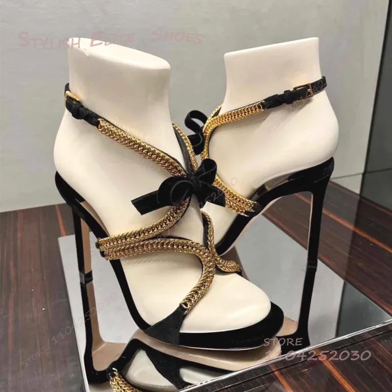 

Gold Snake Pattern Ribbon Wrapped Bow Sandals Women Catwalk Cross Design Buckle Heels Open Ankle Tassel Casual Simple Weave Shoe