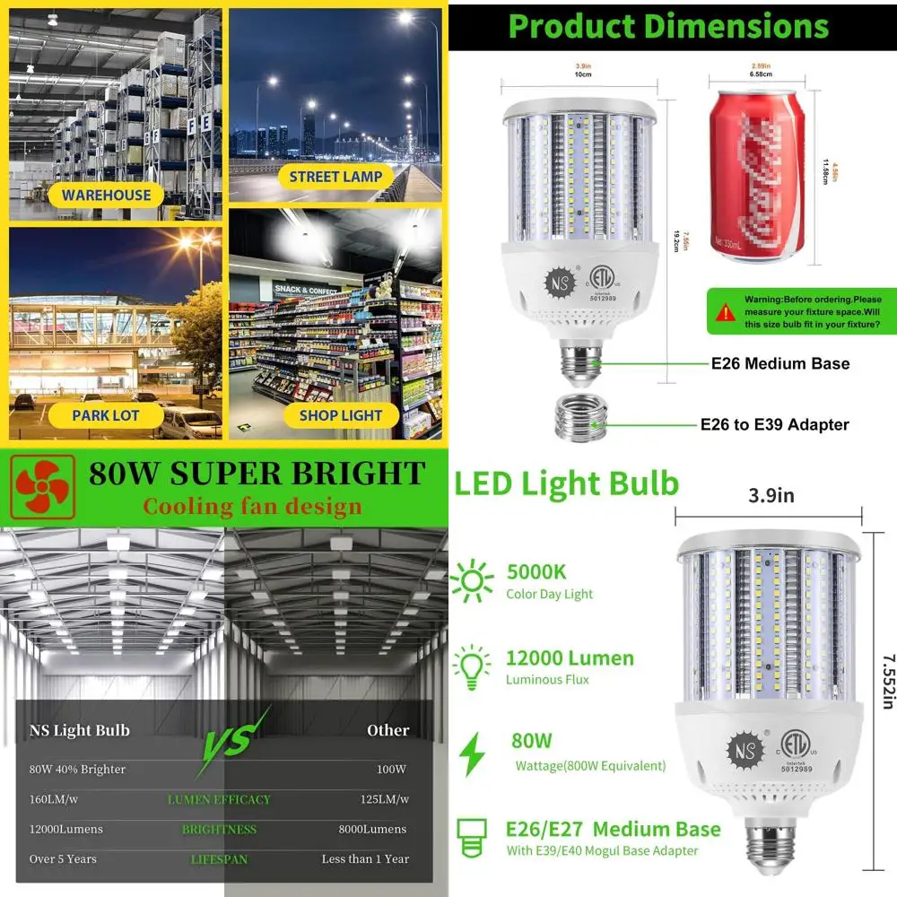 

80W LED Corn Bulbs, 5000K Daylight, 100-277V, 12000 Lumens, E26/E39 Base, Suitable for Metal Halide, HID, CFL Replacement in Com