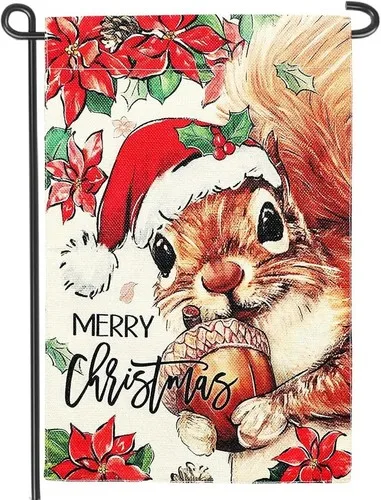 Merry Christmas Squirrel Acorn Chipmunk Garden Flag 12 x 18 Santa Hat Poinsettia TTP AAL HHM WZZ yyi