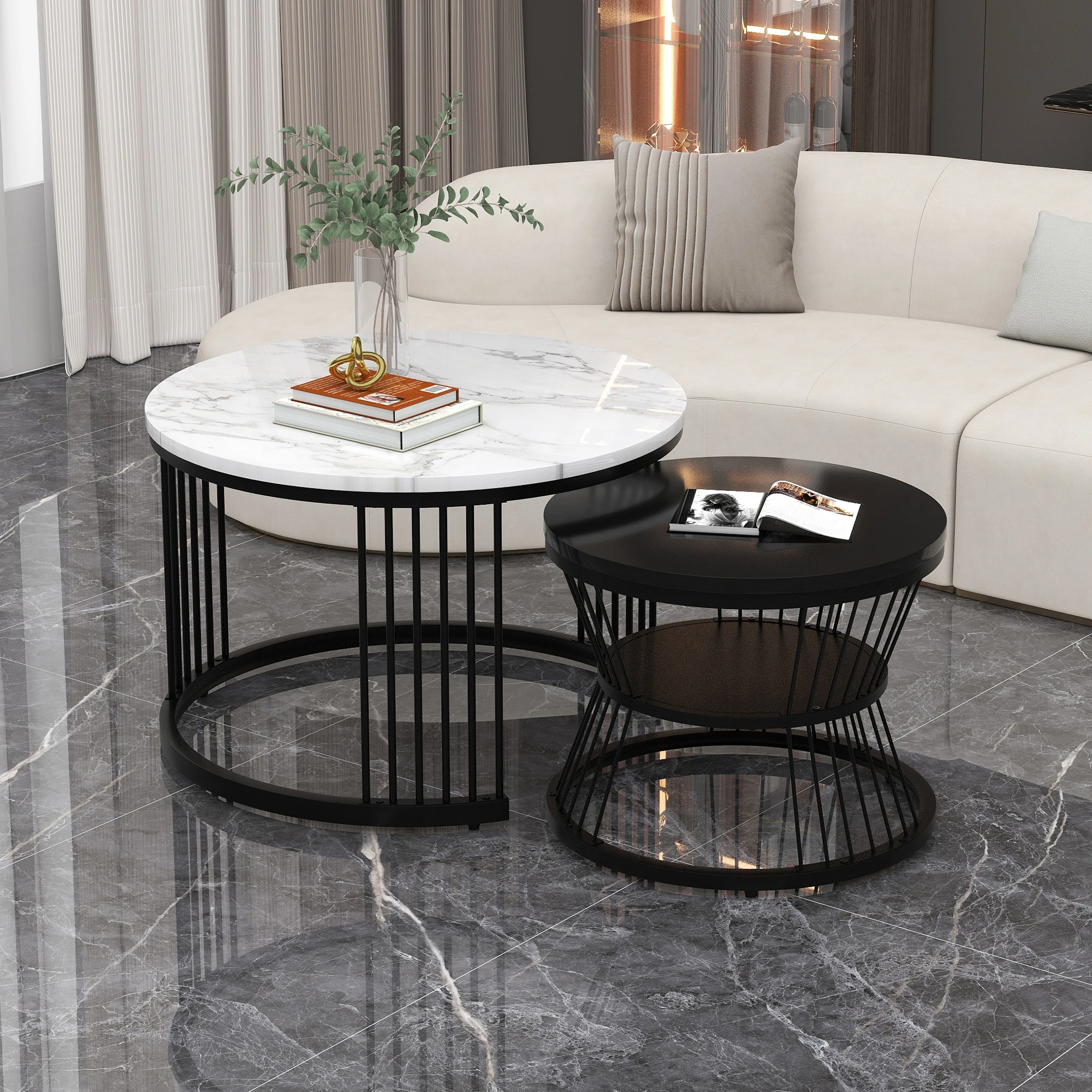 Modern Nesting coffee table coffee table Set High Gloss Tabletop Marbled Sofa side table Round Nesting coffee table Set 2 Black Frame