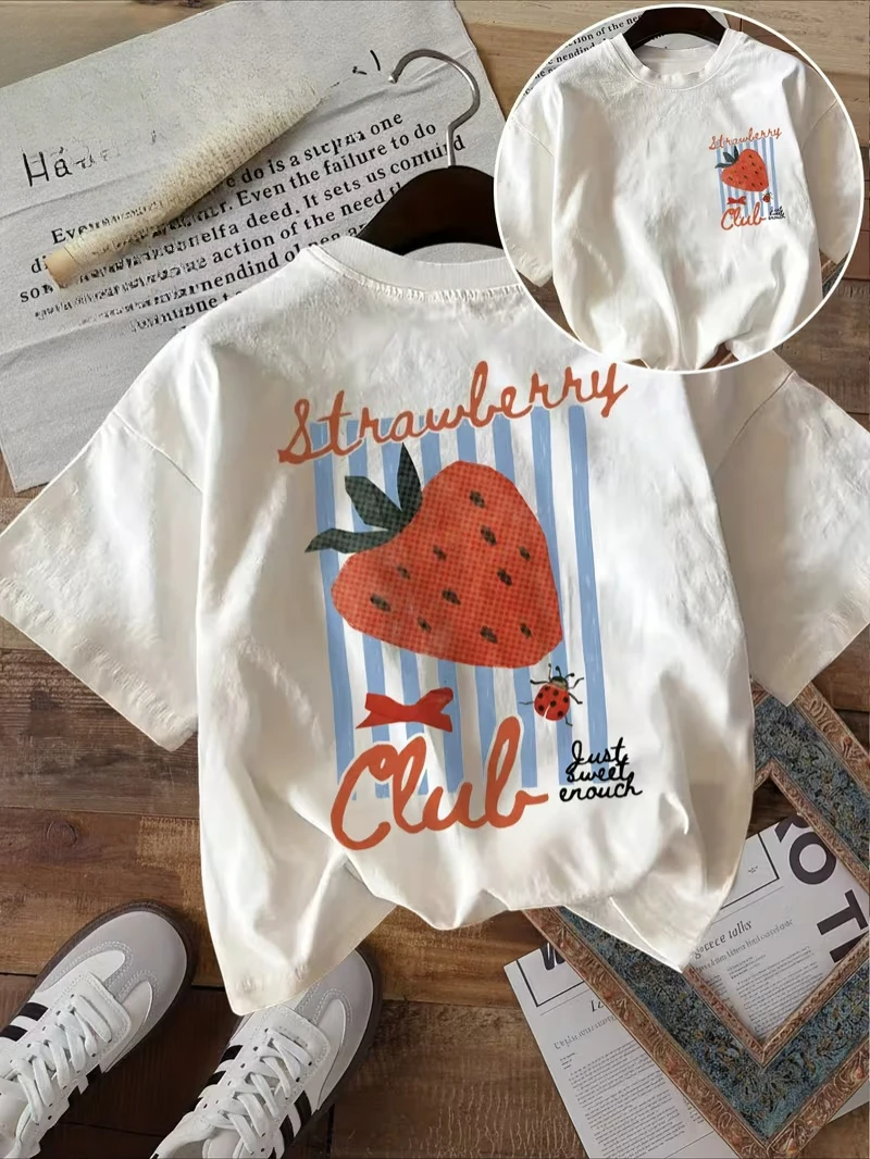 Strawberry Club Print T-shirt Ladybug Bow Graphic Double Sided Short Sleeve Tops Women Casual Loose Streetwear Daily Wear Tee