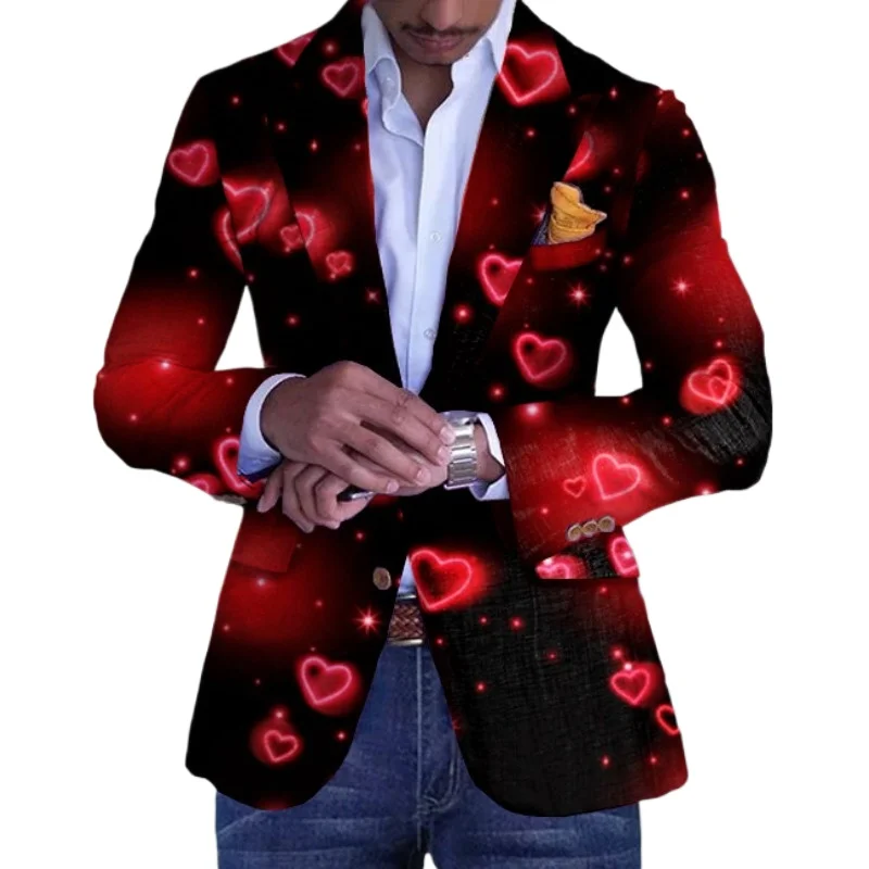 Mens Blazer Jacket Valentine\'s Day Business Pattern Print Gradient Pockets Single Breasted Blazer Men Slim Fit Wedding for Men