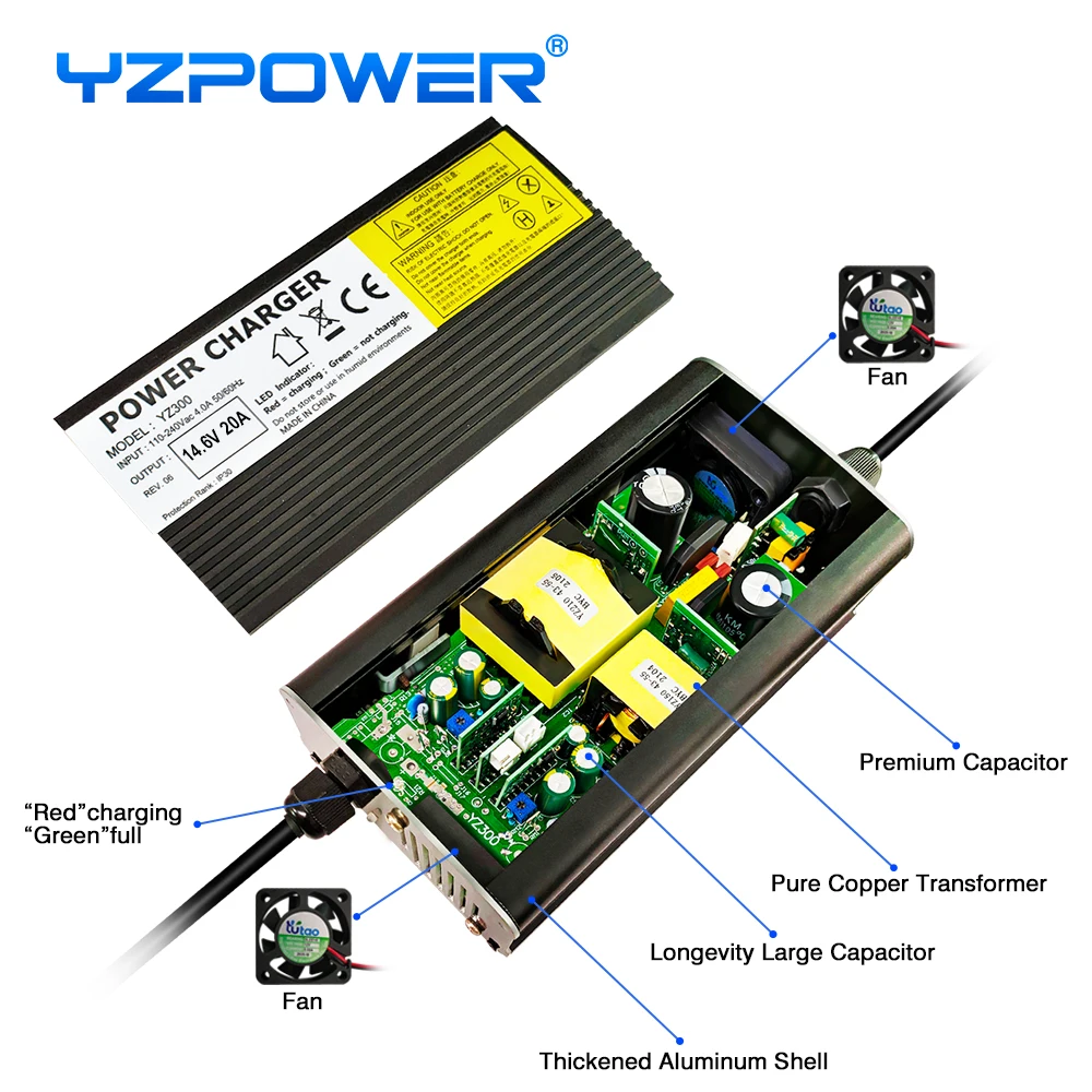 YZPOWER 14.6V 20A 4S ładowarka Lifepo4 do 12V Lifepo4 wejście baterii litowej 110-240V ładowarka DC szybkie ładowanie z wentylatorami