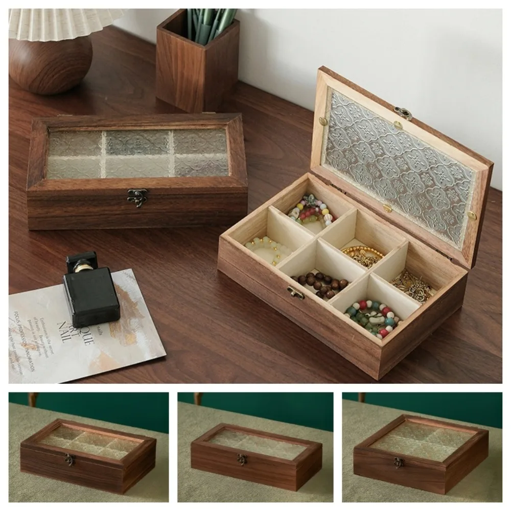 خمر صندوق تخزين المجوهرات الخشبية كرابابل زهرة غطاء زجاجي مزخرف صندوق مجوهرات سطح المكتب فرز غطاء الوجه #2