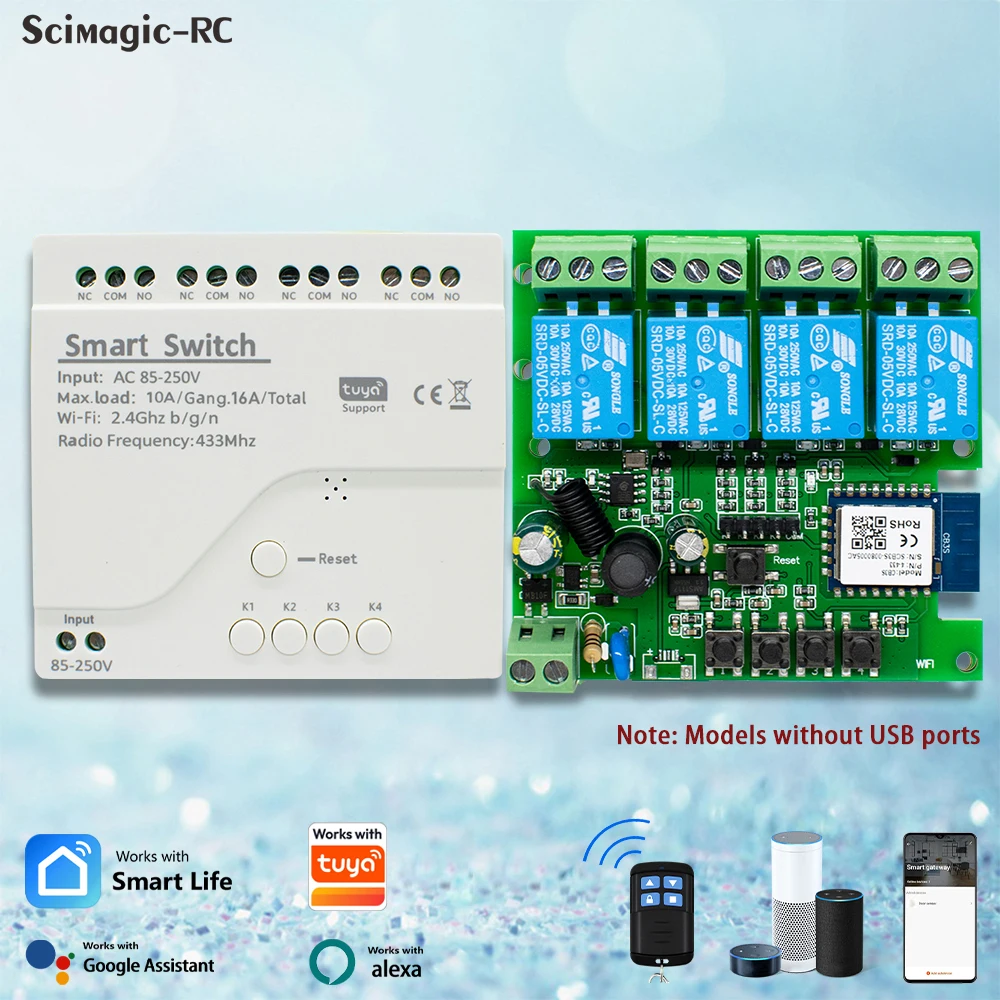 4CH Smart Wifi Switch Module12V 24V 7-32V 220V 85V-250V Light Motor Receiver Relay Dry Contact Works With Tuya Alexa Google Home