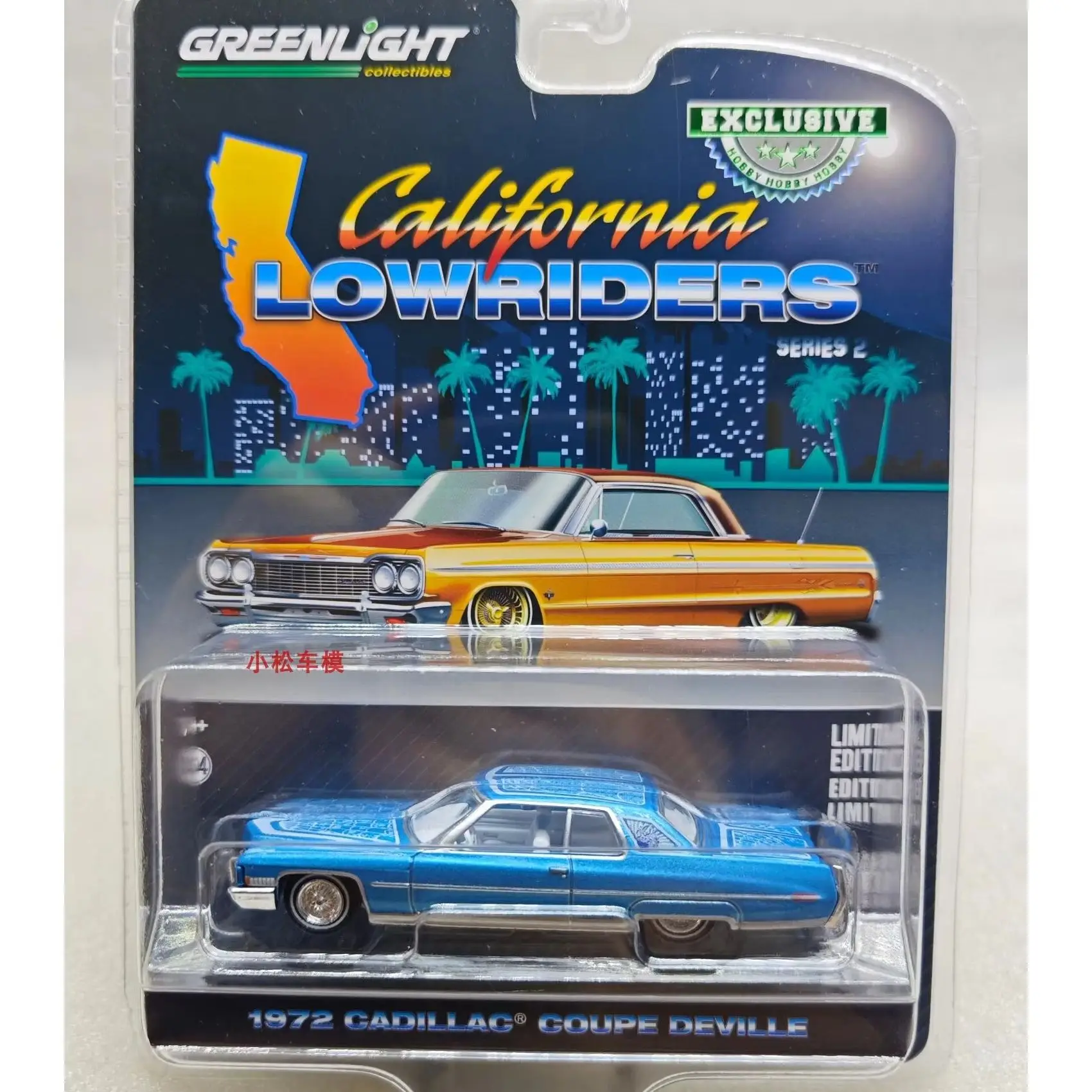 

1: 64 California Low Lying 2 1972 Cadillac Coupe deVille Light Blue Hard Cardboard Advanced Collection Ornament Car Models