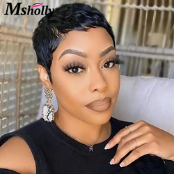 Pixie Cut Wig Short With Bangs Human Hair Wig 180 Density Wavy Layered Cut Full Machine Made Wig Brazilian Remy Wig For Women