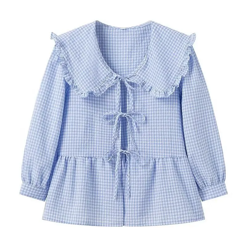 

Sweet Sle Cheered Women's irt with Collar Lace Bubble Sves Long Sve Open Cardigan Autumn Faion for Young Women