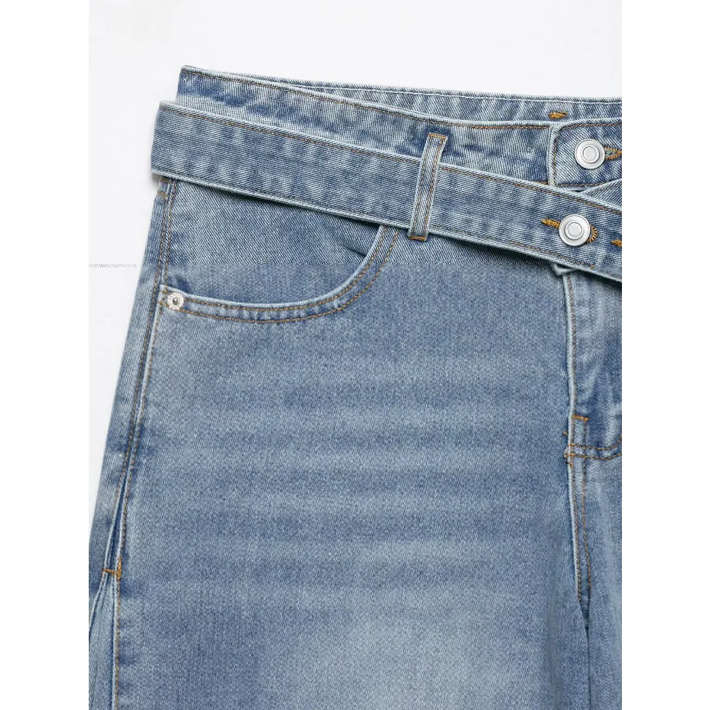 New in Stylish Mid-rise Belted Jeans for Women Loose Wide Leg Jeans with Pockets and Side Pleats Elegant Chic Denim Baggy Pants
