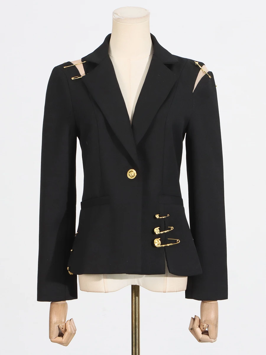 Romiss sólido retalhos fivela de metal blazers para mulher gola entalhada manga longa botão emendado casual emagrecimento blazer feminino