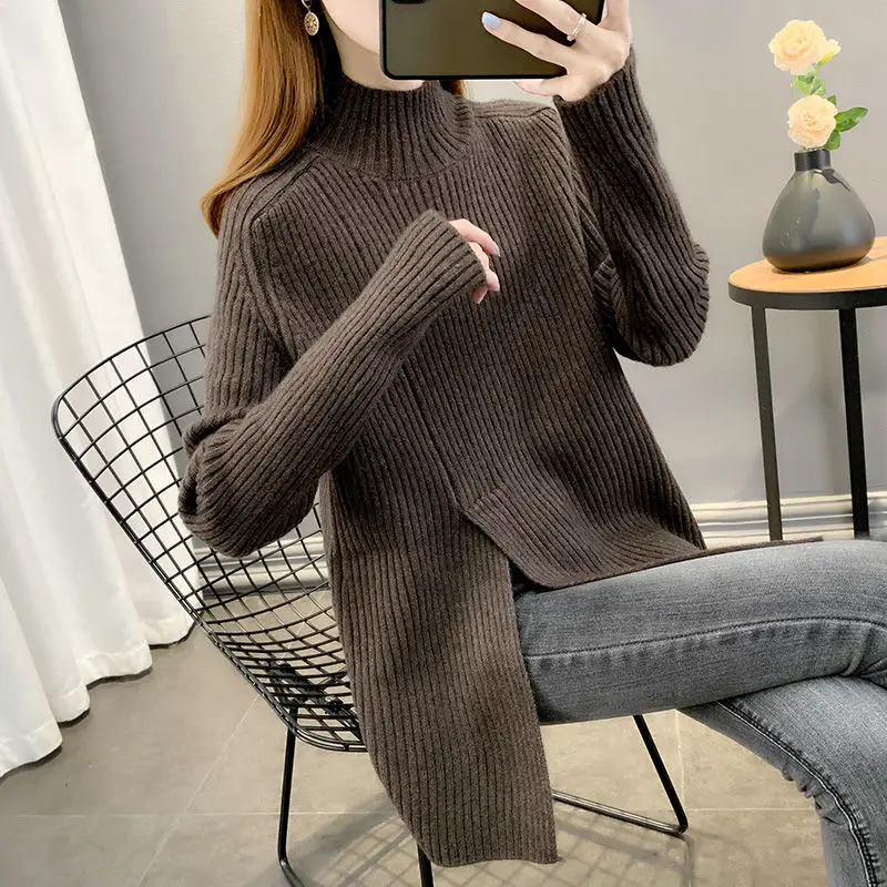 Stylish All-match Spliced Screw Thread Knitted Asymmetrical Sweater Women's Clothing 2024 Autumn New Casual Pullovers Warm Tops