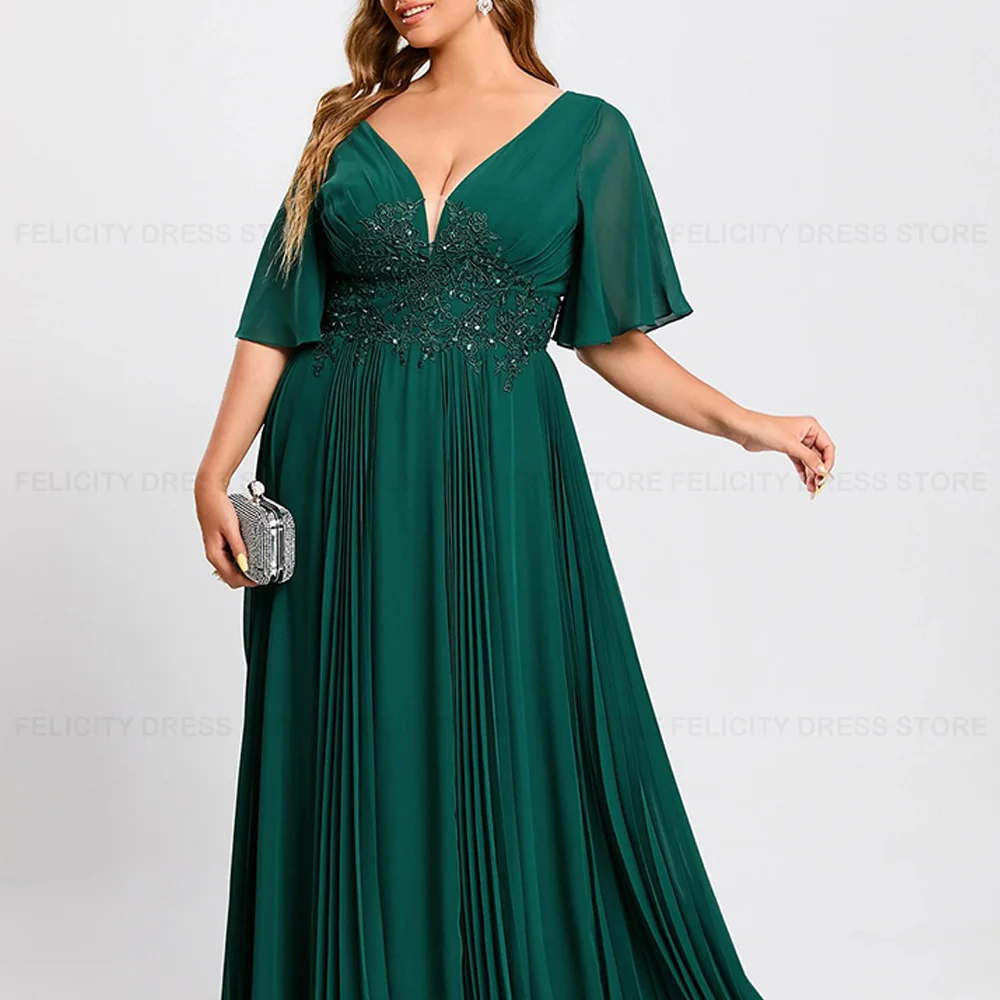 Elegant Plus Size Mother of the Bride Dresses 2023 A-line V-Neck Wedding Party Dresses Appliques Sequins Robes Invitée Mariage