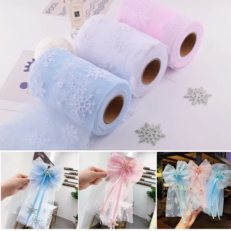 

25m White Fabric with Snowflake Pattern - Craft Material for Girls Hair Clips, Gift Wrapping