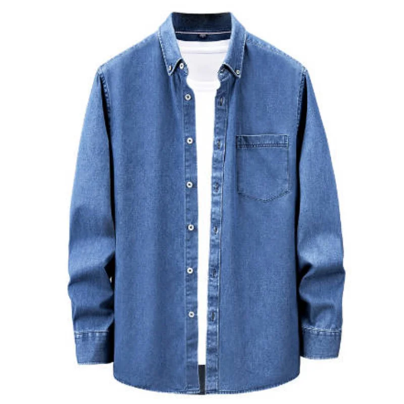 Men & Women Sand Washed Long Staple Cotton Denim Shirt High End Autumn Pure Cotton Long Sleeve Top Men's Casual Retro Shirt
