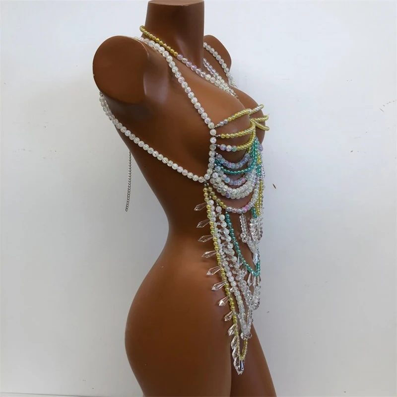 Damen-Oberteile Perlenbesetztes Bralette Festival-Weste Club-Bikini-BH-Top Perlen-Bustier Strandkleidung Lingerie Damen-Rave-Kleidung Tanktops – Detail 6