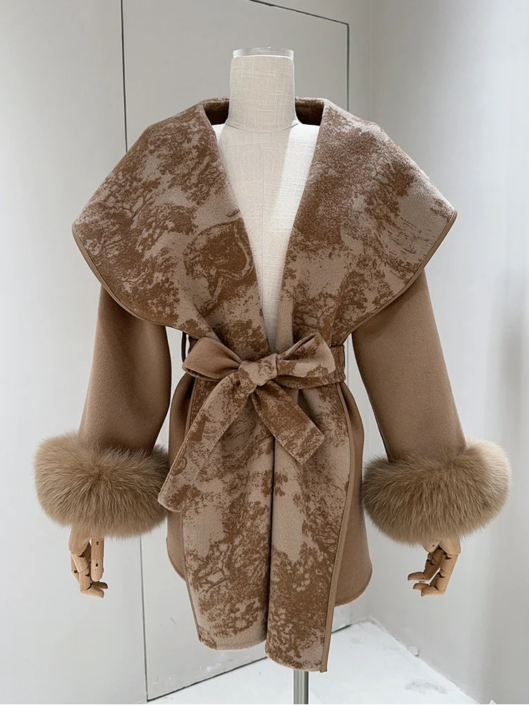 

2025 Winter Women's Real Natural Fox Fur Coat Wool Cloak Cashmere Hooded Warm Jacket Luxury Thick Female Coat Hot Sale