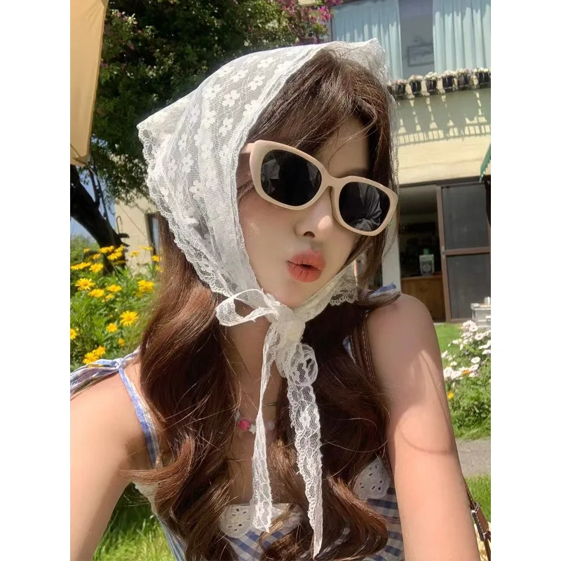 レトロレースバンダナヘッドバンドプリントヘアスカーフボヘミア三角形ヘッドスカーフ白髪バンド女性ガールズファッションスイートハンカチ