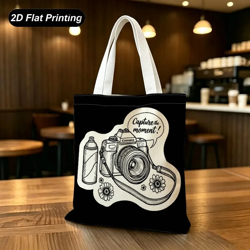 1PC【Tote Bag】2DFlat effect，Vintage hand-painted camera spray floral print tote bag，Large capacity and durable，Adapted shoppi