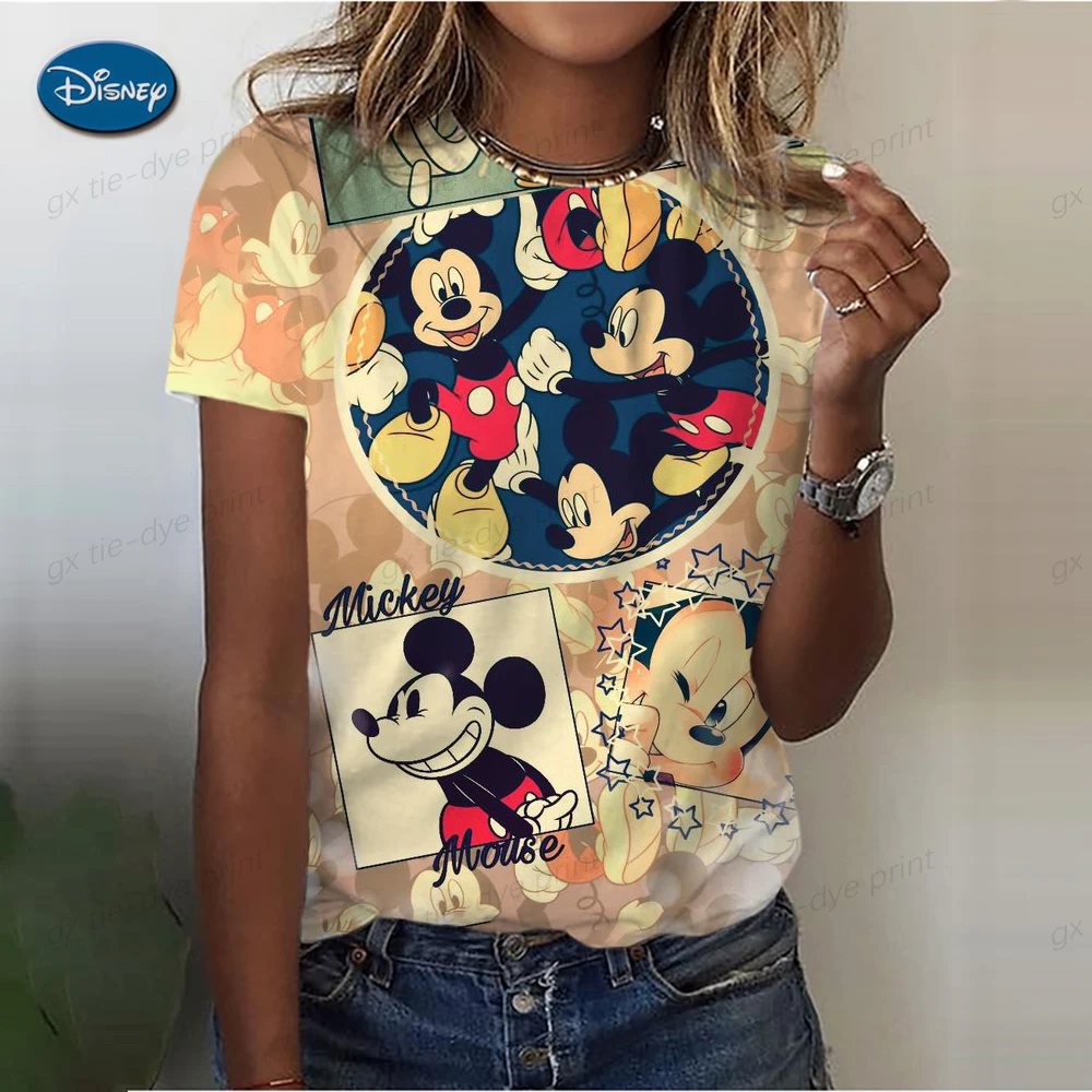 Disney Cute Women's Topolino T-shirt stampata Camicia estiva Camicette da donna di moda 2025 3D Cartoon Minnie Abiti femminili